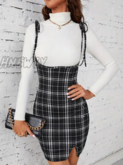 Hnewly Plaid Print Overall Dress Sexy Spaghetti Strap Bodycon Split Women’s Clothing