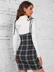 Hnewly Plaid Print Overall Dress Sexy Spaghetti Strap Bodycon Split Women’s Clothing
