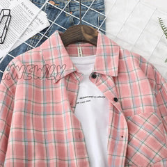 Hnewly Plaid Shirts Womens Blouses And Tops Long Sleeve Female Casual Print Loose Checked Lady