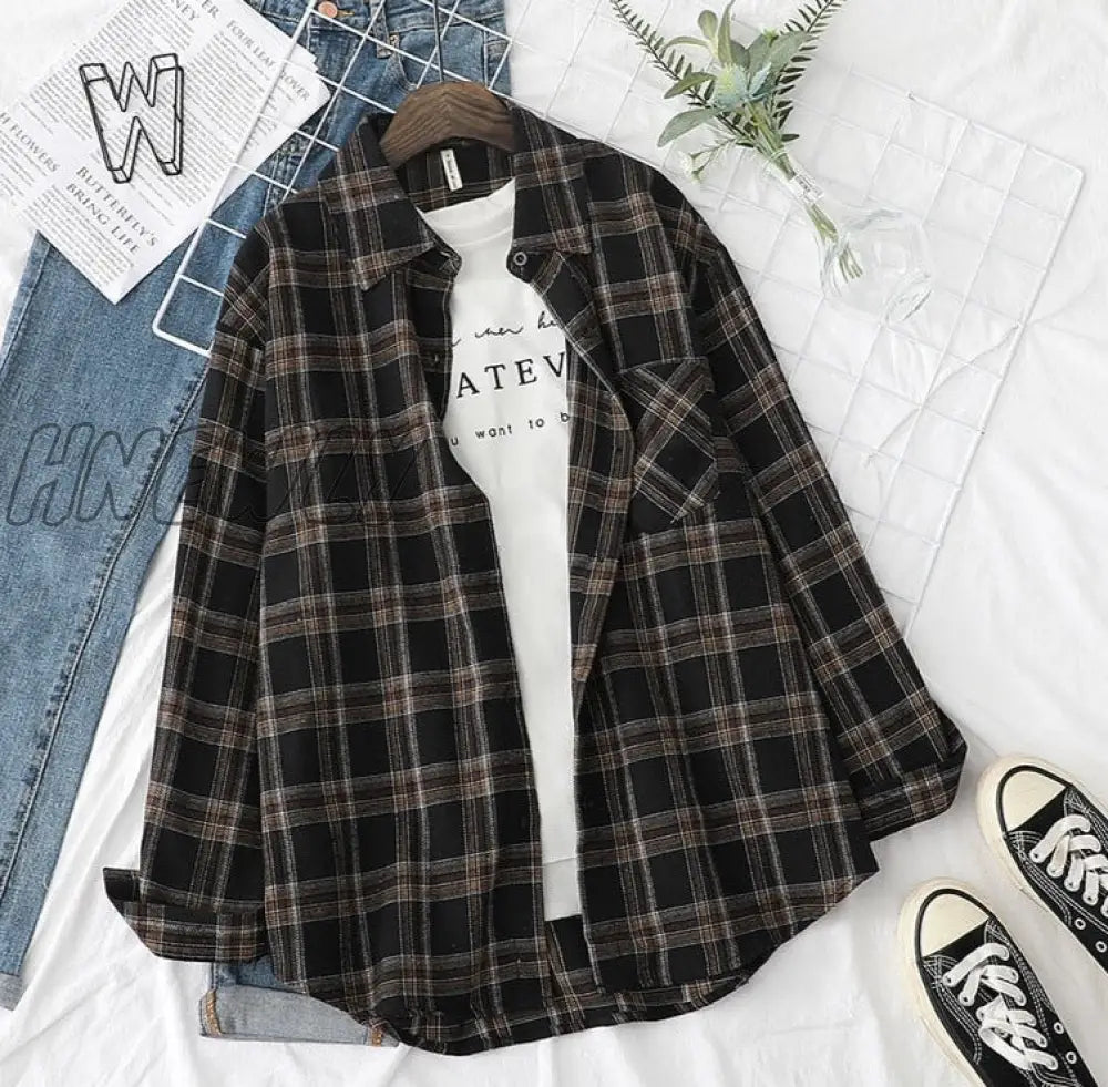 Hnewly Plaid Shirts Womens Blouses And Tops Long Sleeve Female Casual Print Loose Checked Lady