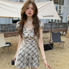 Hnewly Plaid Suit Short Skirt Women Sets Summer New Korean Hanging Neck Plaid Tops + High Waist