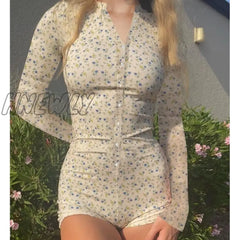 Hnewly Playsuit Y2K Aesthetic Fairycore Grunge V Neck Button Down Long Sleeve Bodycon Jumpsuit