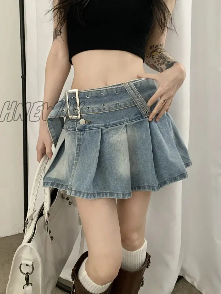 Hnewly Pleated Denim Mini Skirt Women Vintage Y2K Summer Sexy Slit Belt Patchwork Low Waist Jean