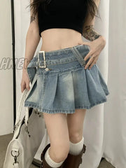 Hnewly Pleated Denim Mini Skirt Women Vintage Y2K Summer Sexy Slit Belt Patchwork Low Waist Jean