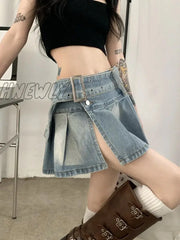 Hnewly Pleated Denim Mini Skirt Women Vintage Y2K Summer Sexy Slit Belt Patchwork Low Waist Jean