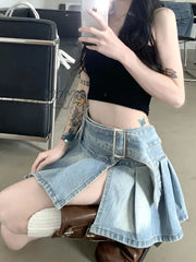 Hnewly Pleated Denim Mini Skirt Women Vintage Y2K Summer Sexy Slit Belt Patchwork Low Waist Jean