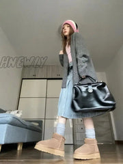 Hnewly Pleated Denim Skirt Women Korean Fashion Vintage High Waist Knee-Length A-Line Midi Casual