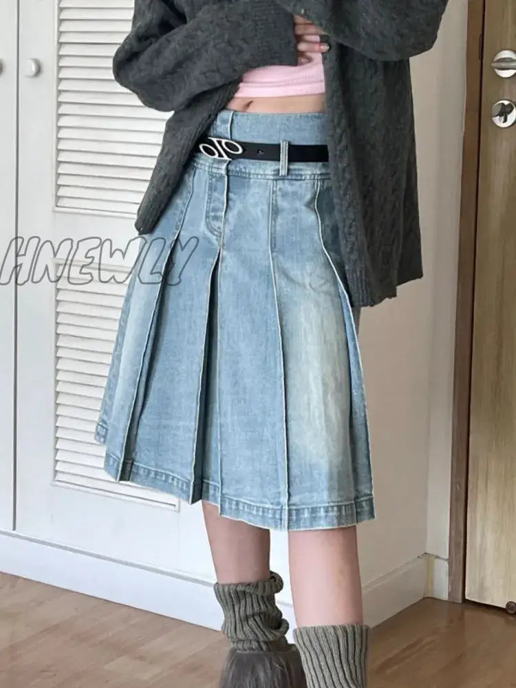 Hnewly Pleated Denim Skirt Women Korean Fashion Vintage High Waist Knee-Length A-Line Midi Casual