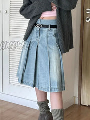 Hnewly Pleated Denim Skirt Women Korean Fashion Vintage High Waist Knee-Length A-Line Midi Casual