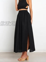 Hnewly Pleated Long Skirt Elegant Women Solid High Waist A-Line Split Pockets Midi Summer Versatile