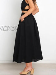 Hnewly Pleated Long Skirt Elegant Women Solid High Waist A-Line Split Pockets Midi Summer Versatile