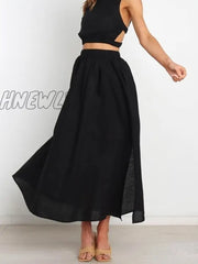 Hnewly Pleated Long Skirt Elegant Women Solid High Waist A-Line Split Pockets Midi Summer Versatile