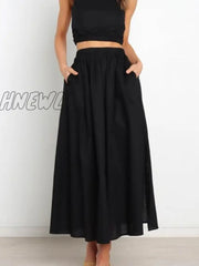 Hnewly Pleated Long Skirt Elegant Women Solid High Waist A-Line Split Pockets Midi Summer Versatile