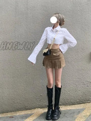 Hnewly Pleated Micro Skirt Women Korean Fashion Casual Button Pocket Patchwork High Waist A-Line