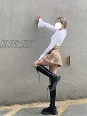 Hnewly Pleated Micro Skirt Women Korean Fashion Casual Button Pocket Patchwork High Waist A-Line