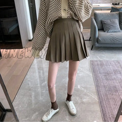Hnewly Pleated Mini Skirt Women Cute Korean Fashion Solid Slim High Waist A-Line Short School Girls