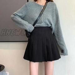 Hnewly Pleated Mini Skirt Women Cute Korean Fashion Solid Slim High Waist A-Line Short School Girls