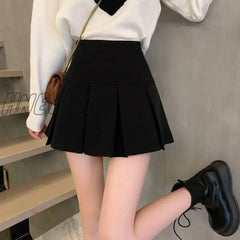 Hnewly Pleated Plaid Skirt Women Korean Fashion Autumn Vintage Preppy Style High Waisted Black