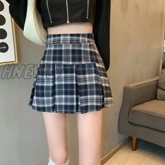 Hnewly Pleated Plaid Skirt Women Korean Fashion Autumn Vintage Preppy Style High Waisted Black