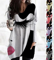 Hnewly Plus Size 3Xl Women Print Irregular Hem Tshirt Vintage Long Sleeve T - Shirt Tops V - Neck