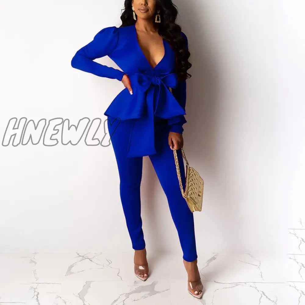 Hnewly Plus Size Office Ladies Blue Pink 2 Two Piece Set Top And Pants Elegant Female Casual