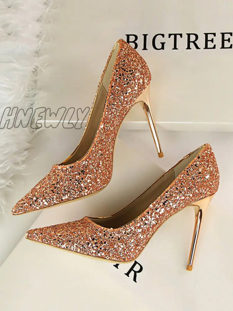 Hnewly - Pointed-Toe Sequined Shallow Cut Pumps Champagne / Us 6 | Eu 36 2/3 Uk 4 Cn