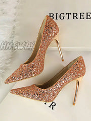 Hnewly - Pointed-Toe Sequined Shallow Cut Pumps Champagne / Us 6 | Eu 36 2/3 Uk 4 Cn
