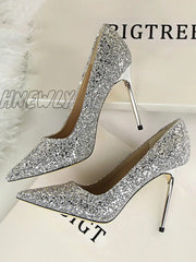 Hnewly - Pointed-Toe Sequined Shallow Cut Pumps Silver / Us 6 | Eu 36 2/3 Uk 4 Cn