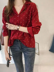 Hnewly Polka Dot Chiffon Women’s Shirt Casual Turndown Collar Office Ladies Button Blouse Chic
