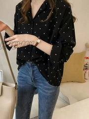 Hnewly Polka Dot Chiffon Women’s Shirt Casual Turndown Collar Office Ladies Button Blouse Chic
