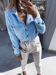 Hnewly Polka Dot Chiffon Women’s Shirt Casual Turndown Collar Office Ladies Button Blouse Chic