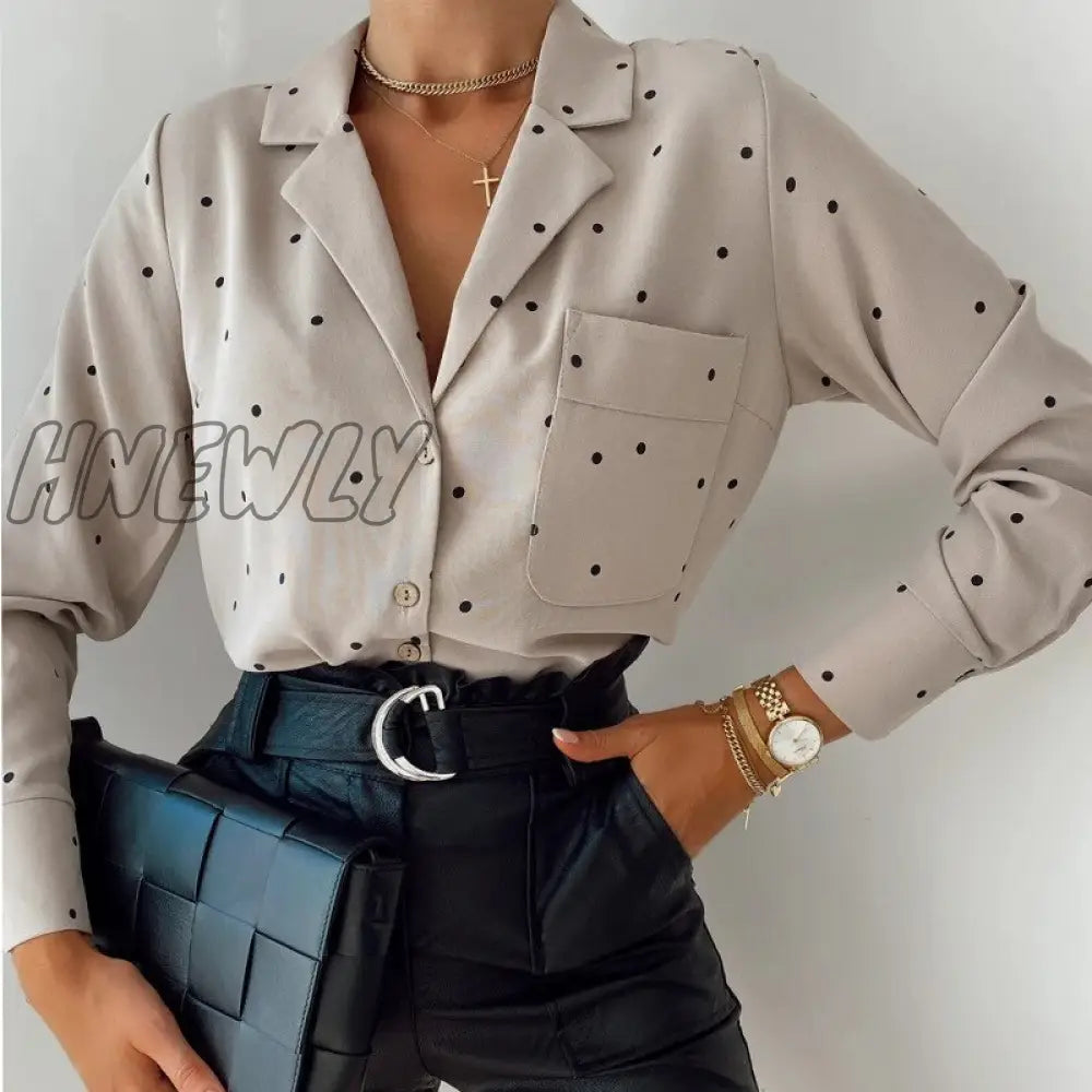 Hnewly Polka Dot Chiffon Women’s Shirt Casual Turndown Collar Office Ladies Button Blouse Chic