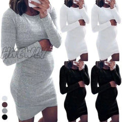 Hnewly Pregnancy Autumn Dresses Pregnant Women Long Sleeve Bodycon O - Neck Casual Dress Mother