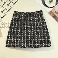 Hnewly Preppy High Waist Side Zipper Female Skirts Mujer Houndstooth Wool - Mix Skort Irregular