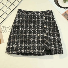 Hnewly Preppy High Waist Side Zipper Female Skirts Mujer Houndstooth Wool - Mix Skort Irregular