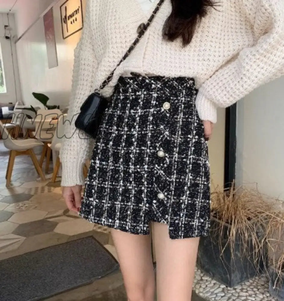 Hnewly Preppy High Waist Side Zipper Female Skirts Mujer Houndstooth Wool - Mix Skort Irregular