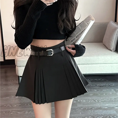 Hnewly Preppy Pleated Mini Skirt Women Summer Sexy Gyaru Belt High Waist Solid A-Line Micro Shorts