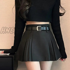 Hnewly Preppy Pleated Mini Skirt Women Summer Sexy Gyaru Belt High Waist Solid A-Line Micro Shorts