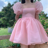 Hnewly Preppy Woman Sweet Pink Dress Summer Retro Elegant Square Collar Puff Sleeve Fluffy Korean