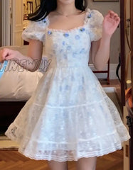 Hnewly Print Floral Kawaii Sweet Dress Women Red Christmas Elegant Party Mini New Off Shoulder