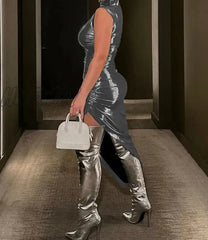 Hnewly Pu Leather Turtleneck Sleeveless Draped Slit Sexy Slim Midi Prom Dress Summer Women Elegant