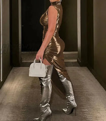 Hnewly Pu Leather Turtleneck Sleeveless Draped Slit Sexy Slim Midi Prom Dress Summer Women Elegant