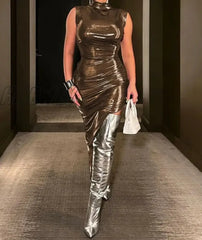 Hnewly Pu Leather Turtleneck Sleeveless Draped Slit Sexy Slim Midi Prom Dress Summer Women Elegant