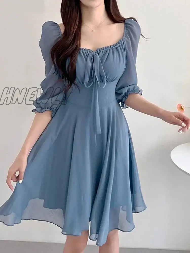 Hnewly Puff Sleeve Chiffon Dress Women Summer Sexy Mini Ruffle Ladies Dresses Korean Style Square