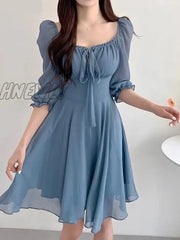 Hnewly Puff Sleeve Chiffon Dress Women Summer Sexy Mini Ruffle Ladies Dresses Korean Style Square