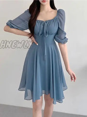 Hnewly Puff Sleeve Chiffon Dress Women Summer Sexy Mini Ruffle Ladies Dresses Korean Style Square