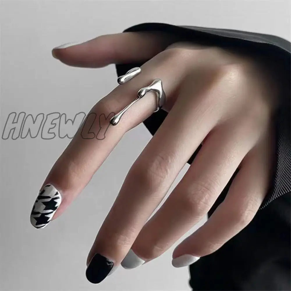 Hnewly Punk Geometric Irregular Liquid Lava Waterdrop Shaped Open Rings For Women Vintage Silver