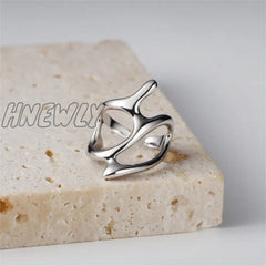 Hnewly Punk Geometric Irregular Liquid Lava Waterdrop Shaped Open Rings For Women Vintage Silver