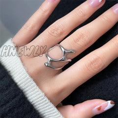 Hnewly Punk Geometric Irregular Liquid Lava Waterdrop Shaped Open Rings For Women Vintage Silver