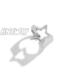 Hnewly Punk Hollow Out Thick Geometric Star Open Ring For Women Men Minimalist Silver Color Party